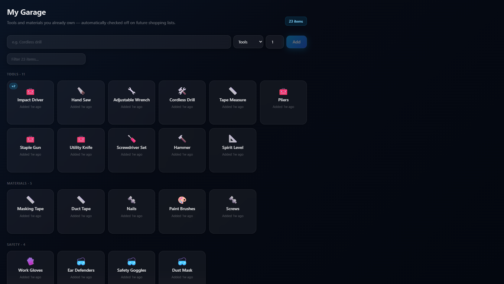 RexterHQ My Garage — tools and materials inventory