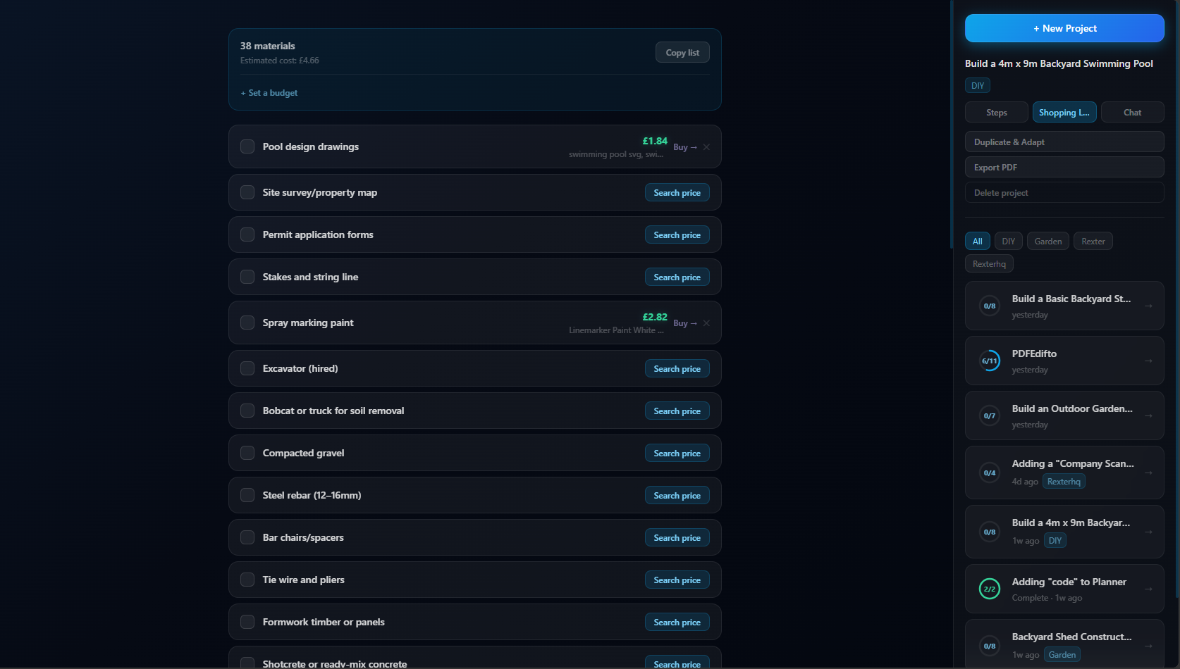 RexterHQ Shopping List — materials with price search